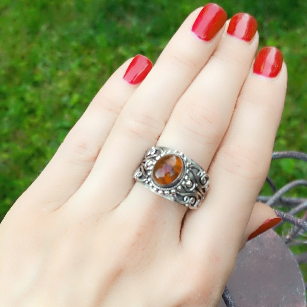 Vintage Baltic Amber Wide Sterling Silver Ring- 9.5